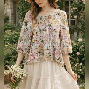 Large CUPIO 100% Cotton Eyelet Embroidered Lace Colorful 3/4 Sleeve Blouse